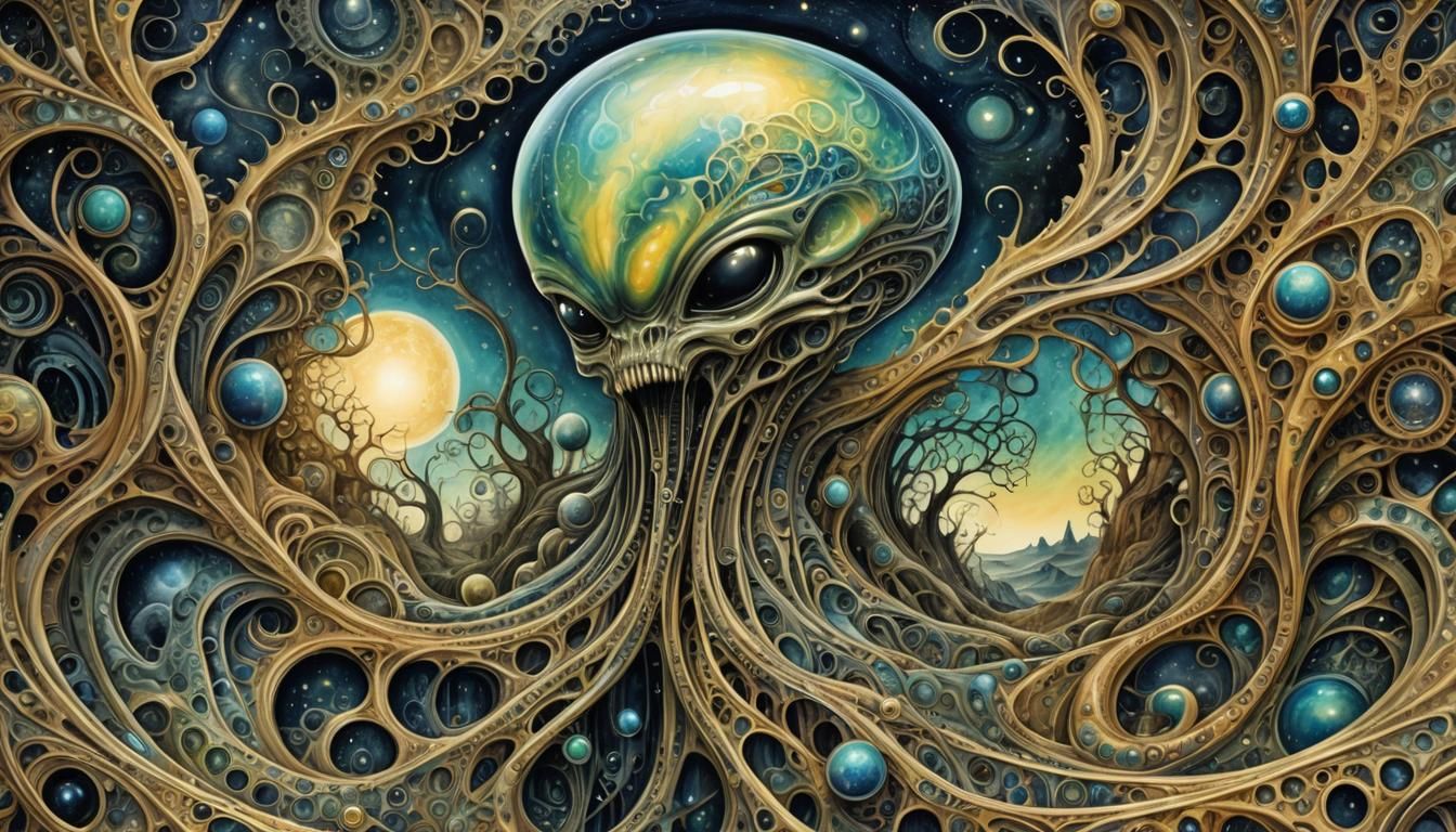 Whimsical Gilded Landscape with Vibrant Watercolor Reflectio...