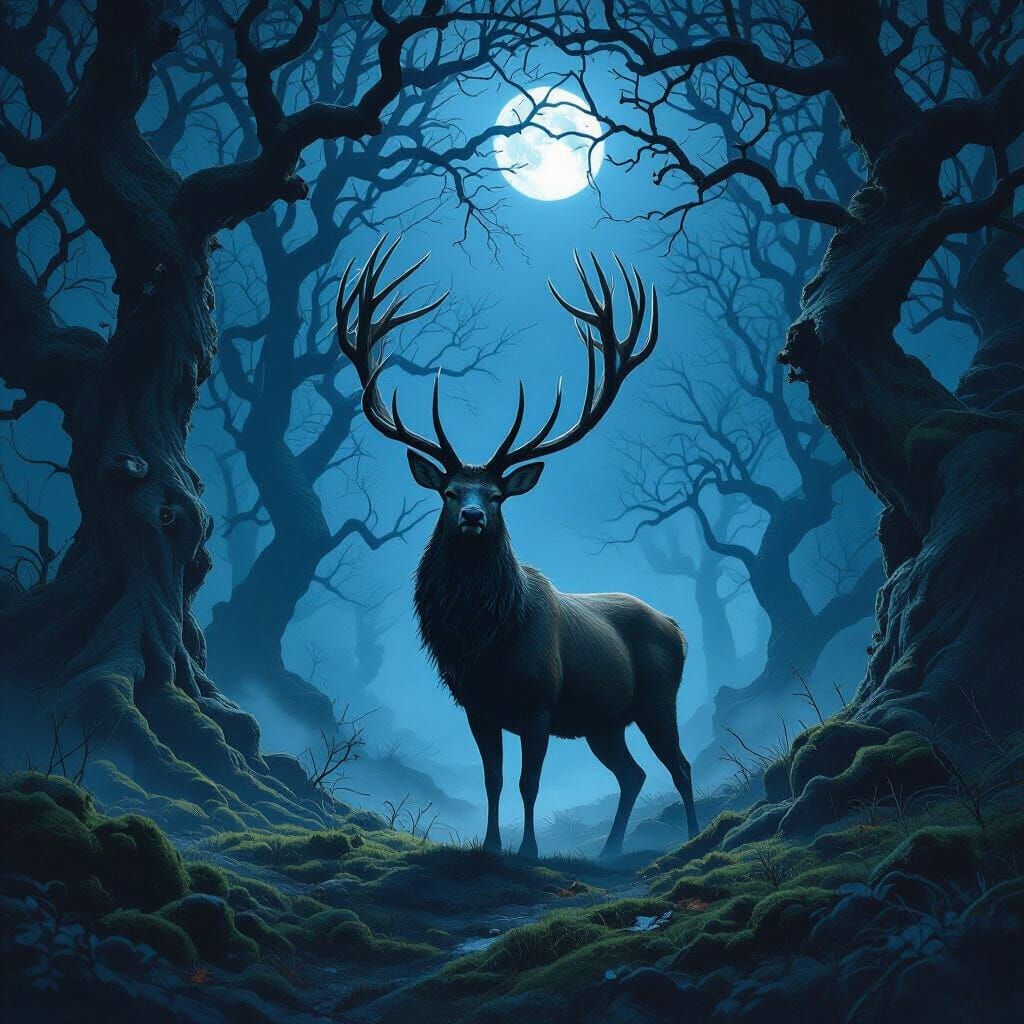 Majestic Stag on Hind Legs in Moonlit Forest