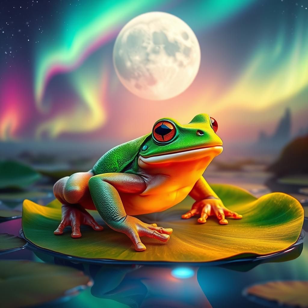 Hyperrealistic Frog Basks in Glowing Moonlight under Vibrant...