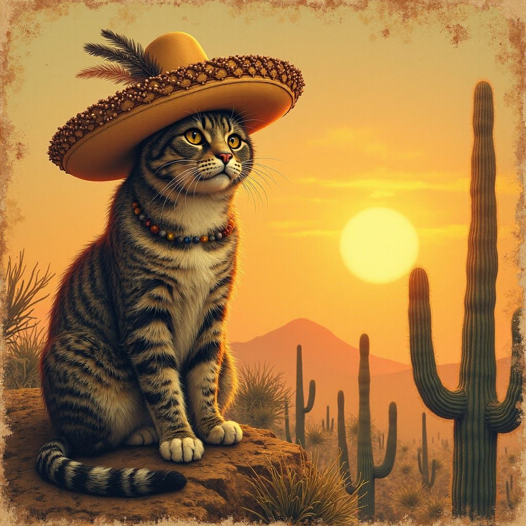 Wise Cat in Sombrero, Golden Age Illustration