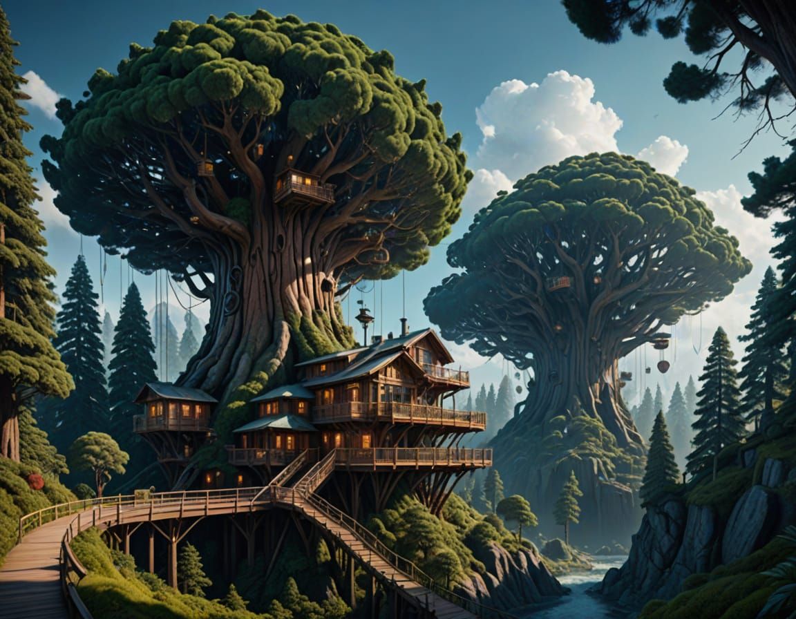 Surreal Futuristic Village Built Around a Majestic Sequoia T...