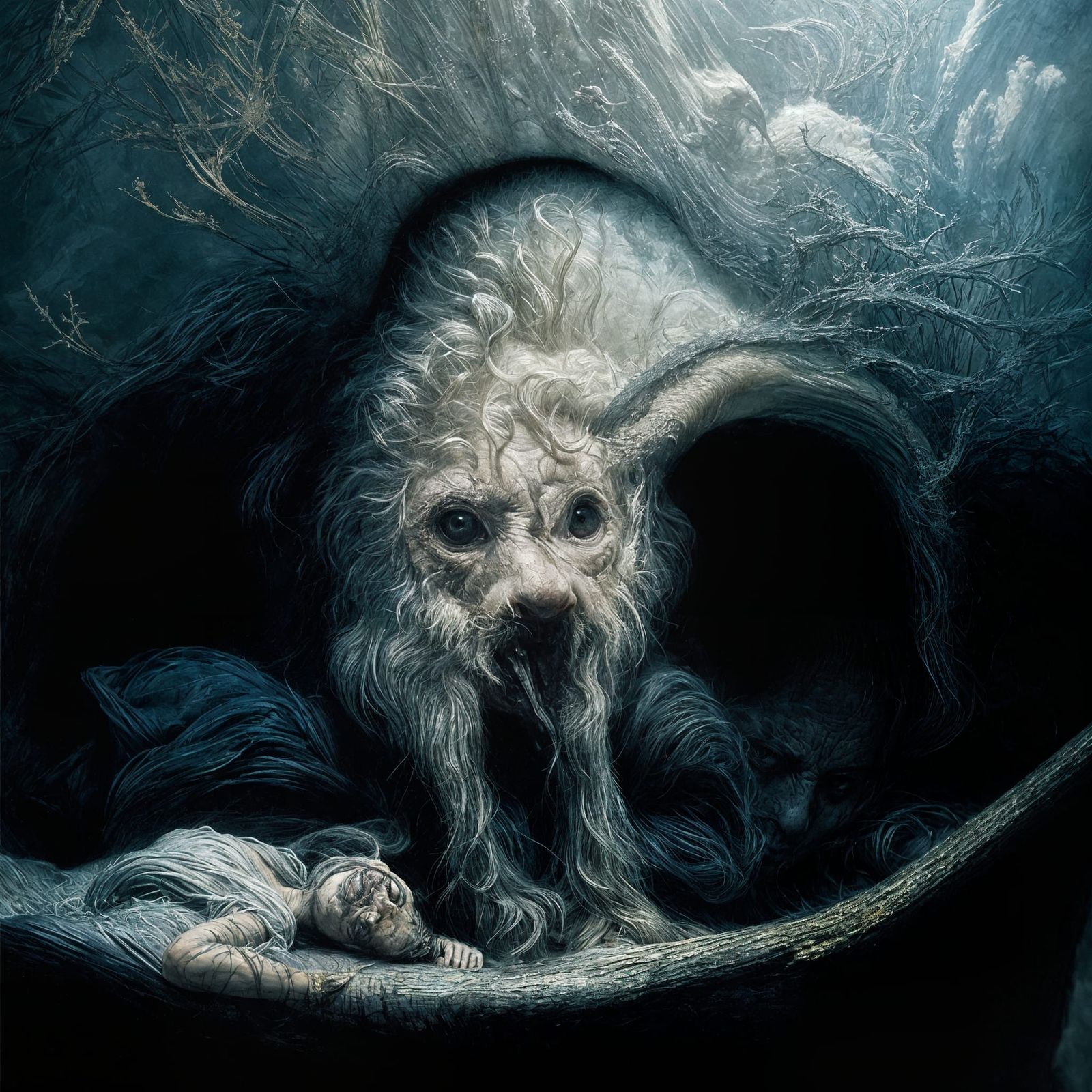 Horror Creature Emerging from Sinus in Dark Oil Painting