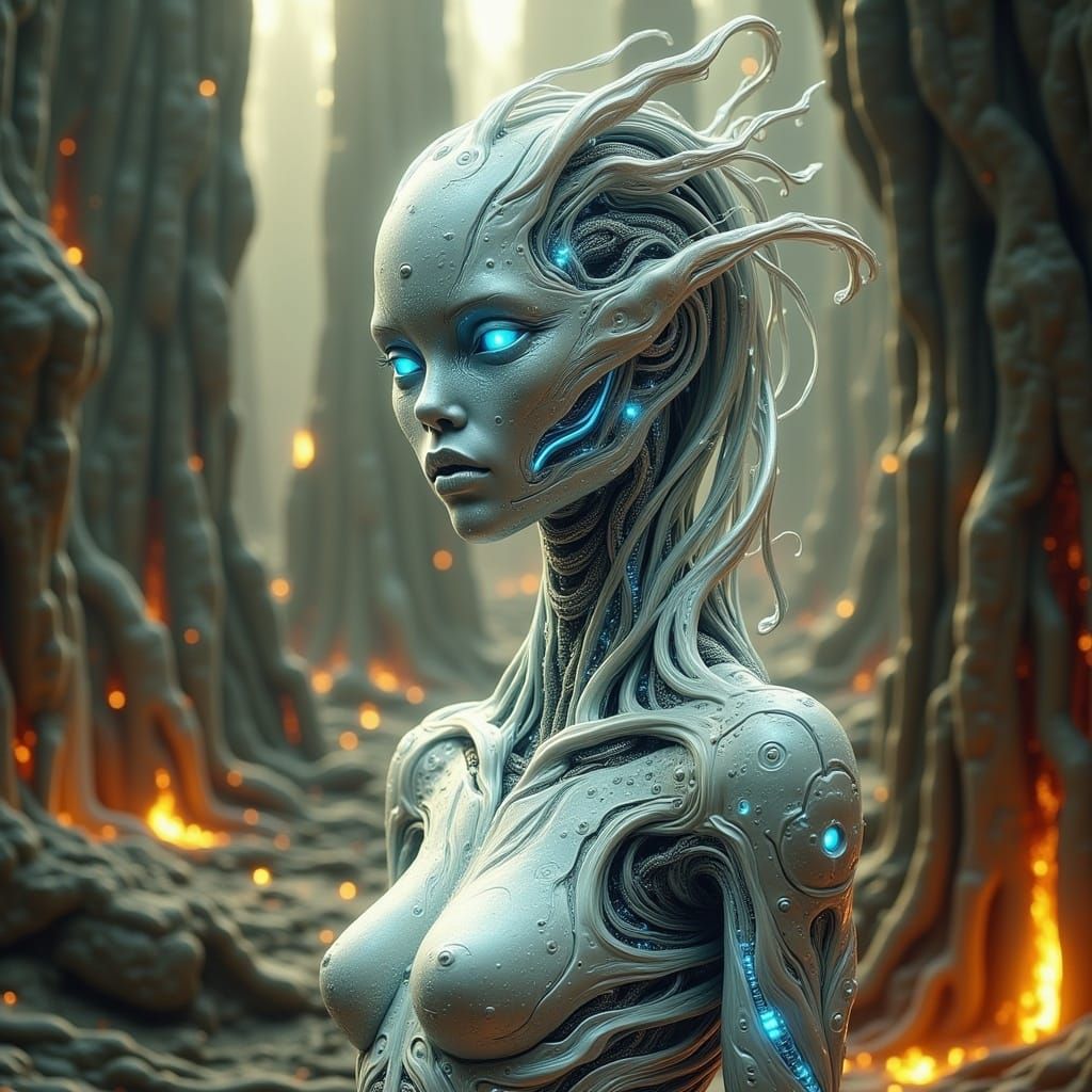 Cyborg Goddess Stands Amidst Post-Apocalyptic Ruins in Radia...