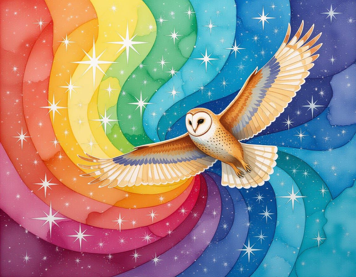 Vibrant Rainbow Path of Stars with Flying Owl and Crystal Sh...