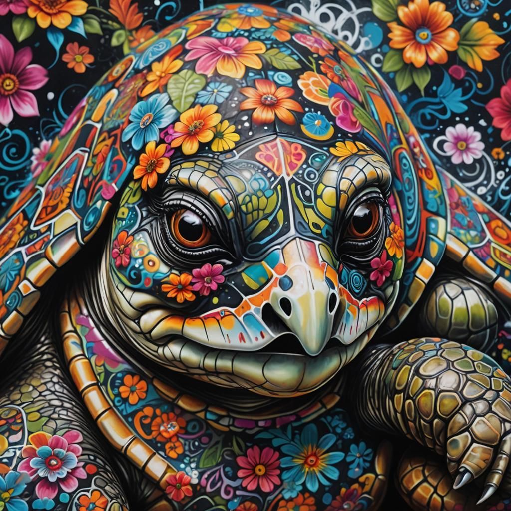 Hyper-Realistic Turtle in Vibrant Catrina Style