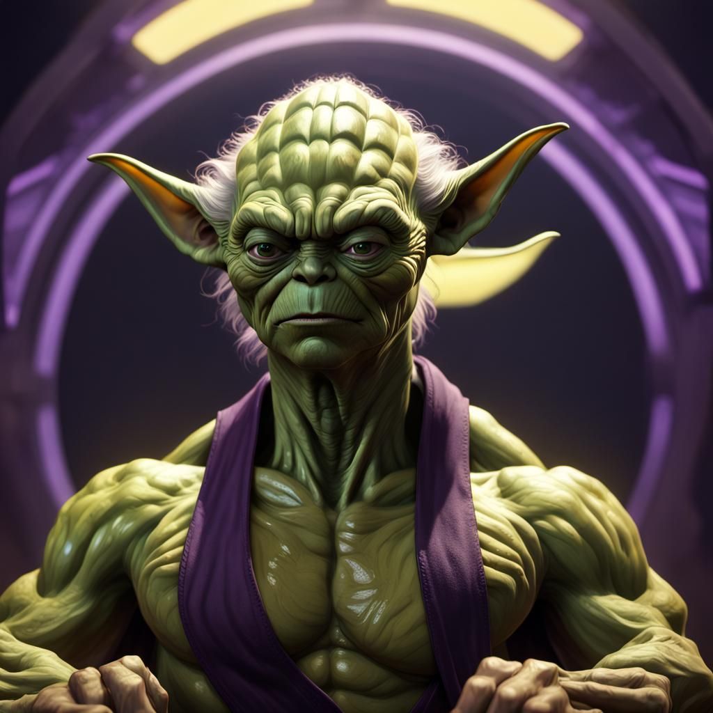 Dark Fantasy Yoda Bodybuilder Masterpiece in Deep, Vibrant H...