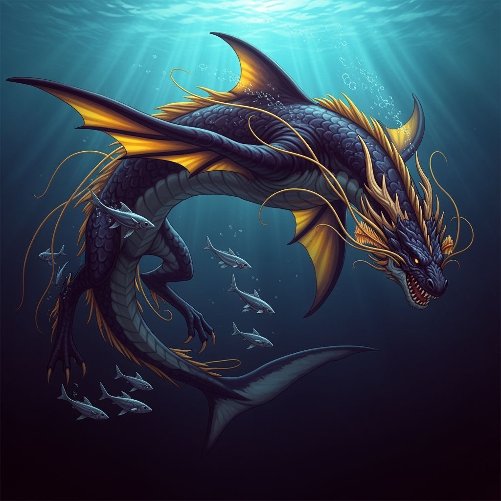 Aquatic Dragon Hunting Fish in Deep Sea Concept Art