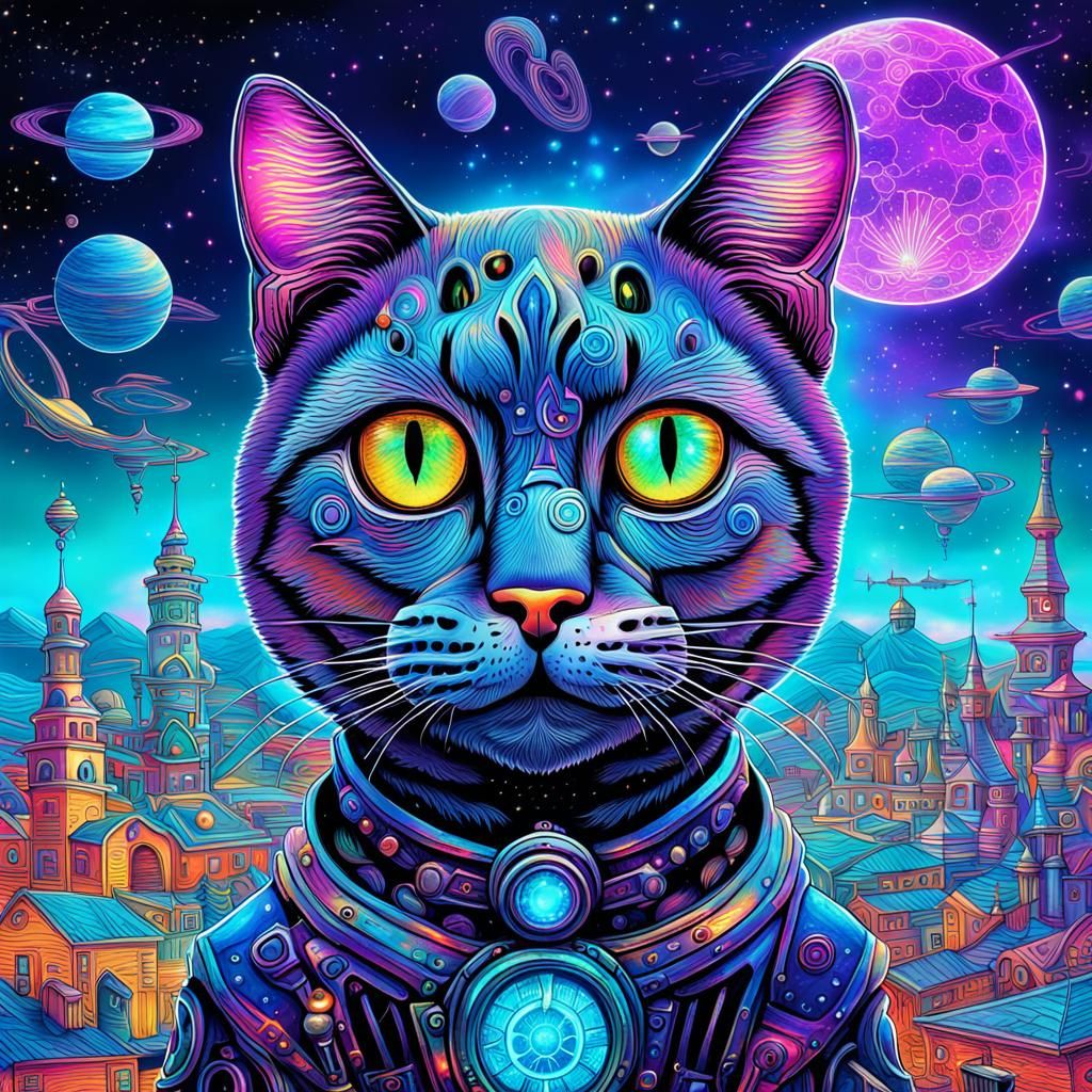 Cosmic Feline Metropolis in Vibrant Steampunk Style