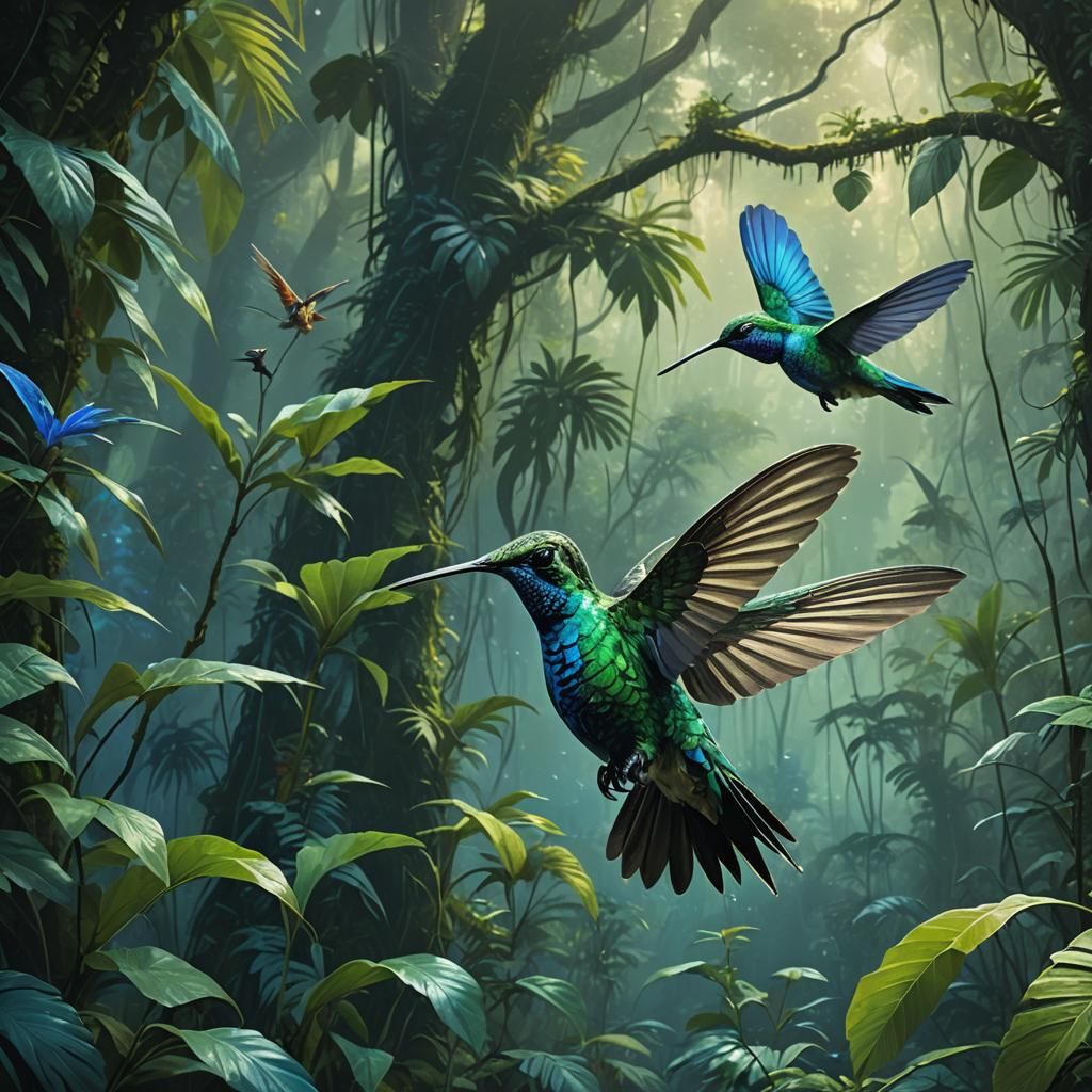 Surreal Jungle Scene with Iridescent Hummingbird in Mid-Air