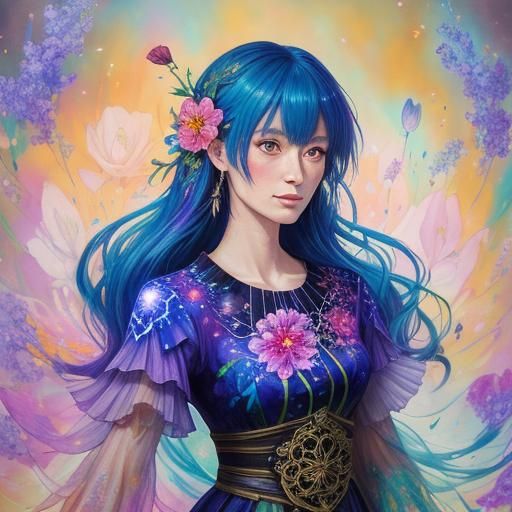 Surreal Lady in Glowing Floral Gown, Impressionist Style, wi...