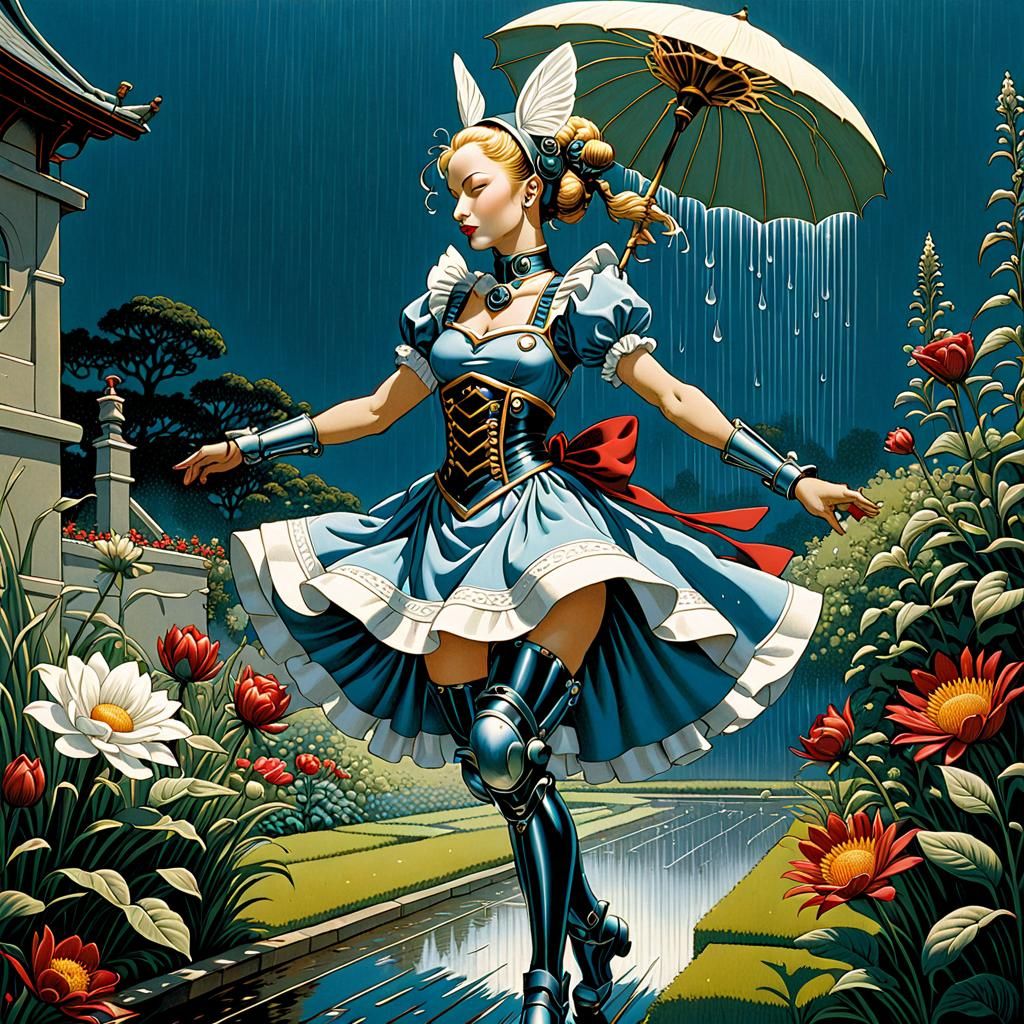 Cyborg Maid Dances in Whimsical Garden Scene