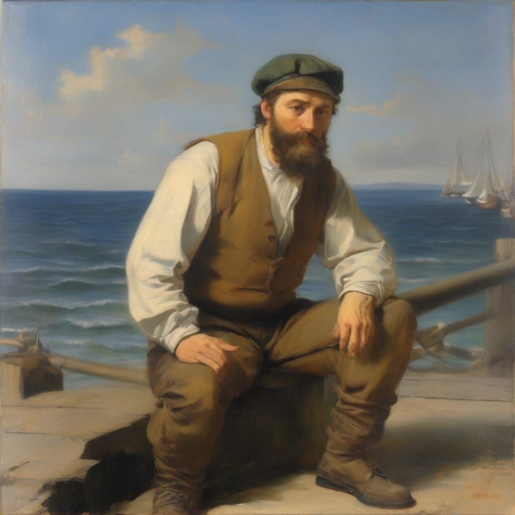 Fisherman on a Pier by the Sea - Oil Painting
