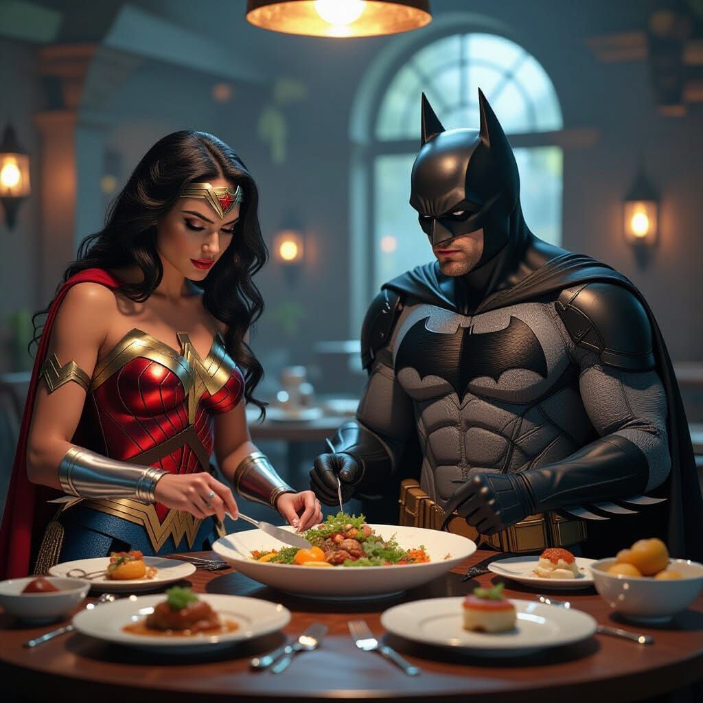 Wonder Woman vs Batman: Culinary Rivals in Dramatic Photo