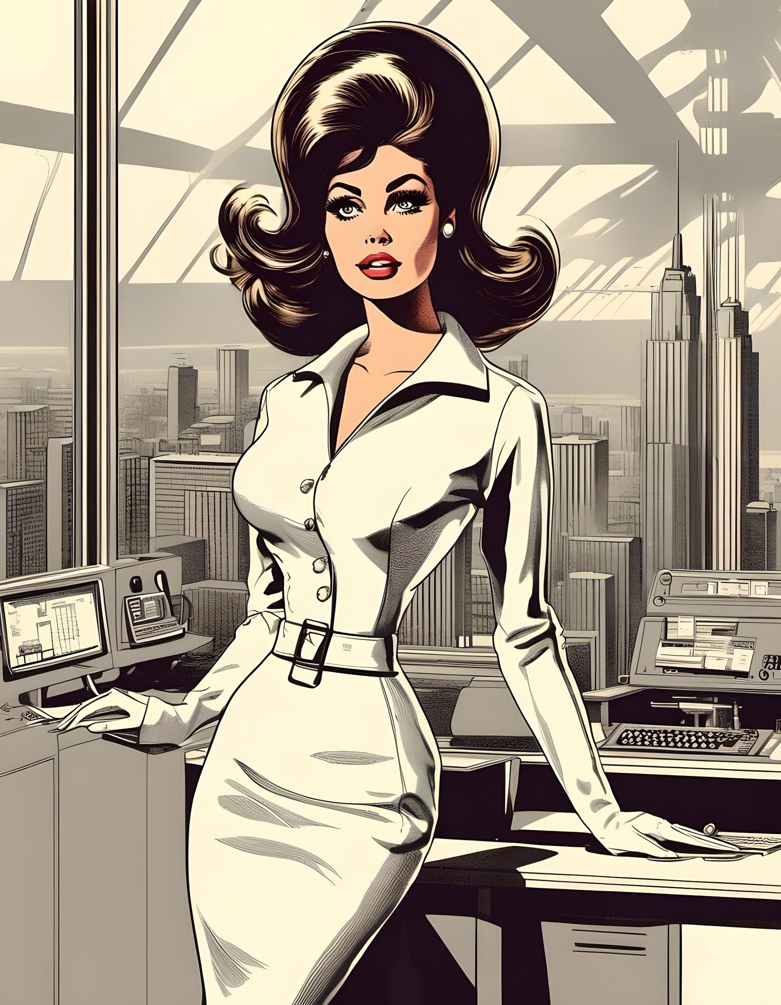 Elegant 1960s Mod Woman in Retro-Futuristic Office