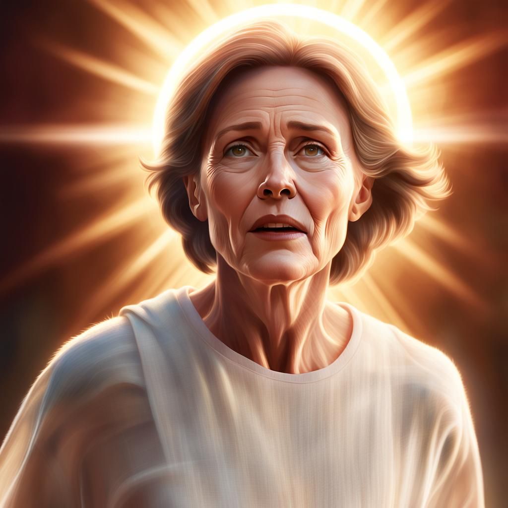 Middle-Aged Woman Embracing Jesus in Ethereal Light