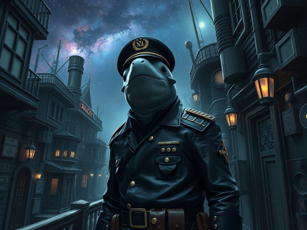 Steampunk Space Captain Explores Alien Waterfront