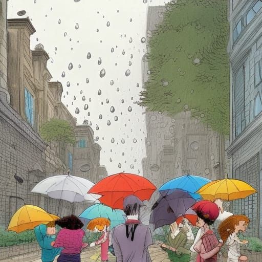 Vibrant Umbrellas Soar Over Rainy City Streets in Smooth Com...