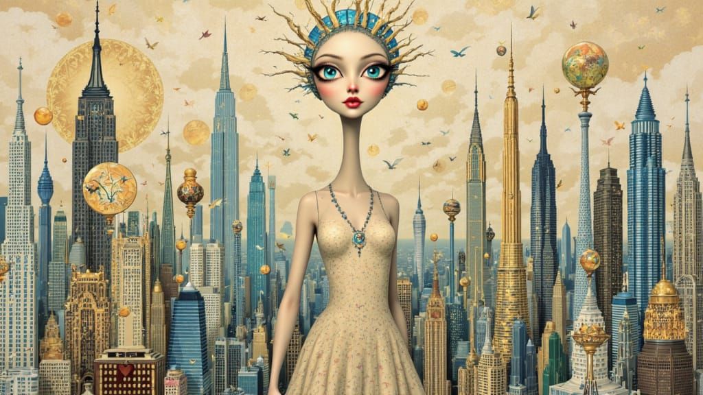 Dreamer's Ephemeral Cityscape Collage in Art Nouveau Style