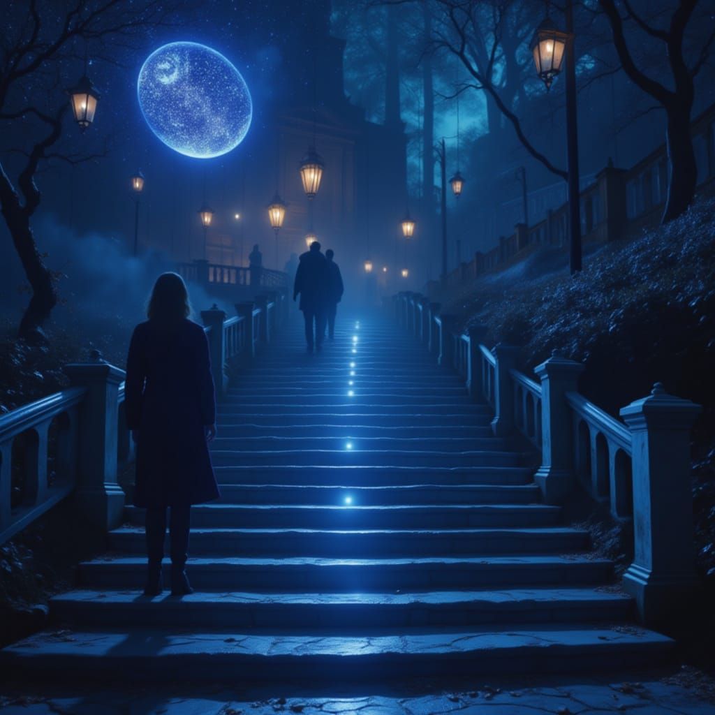 She watches the light of the lantern on the stairs of blue i...