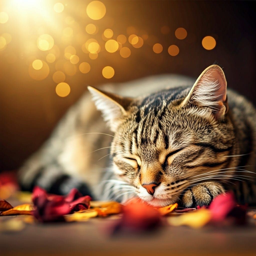 Cozy Autumn Scene of a Sleeping Tabby Cat in Warm Golden Lig...