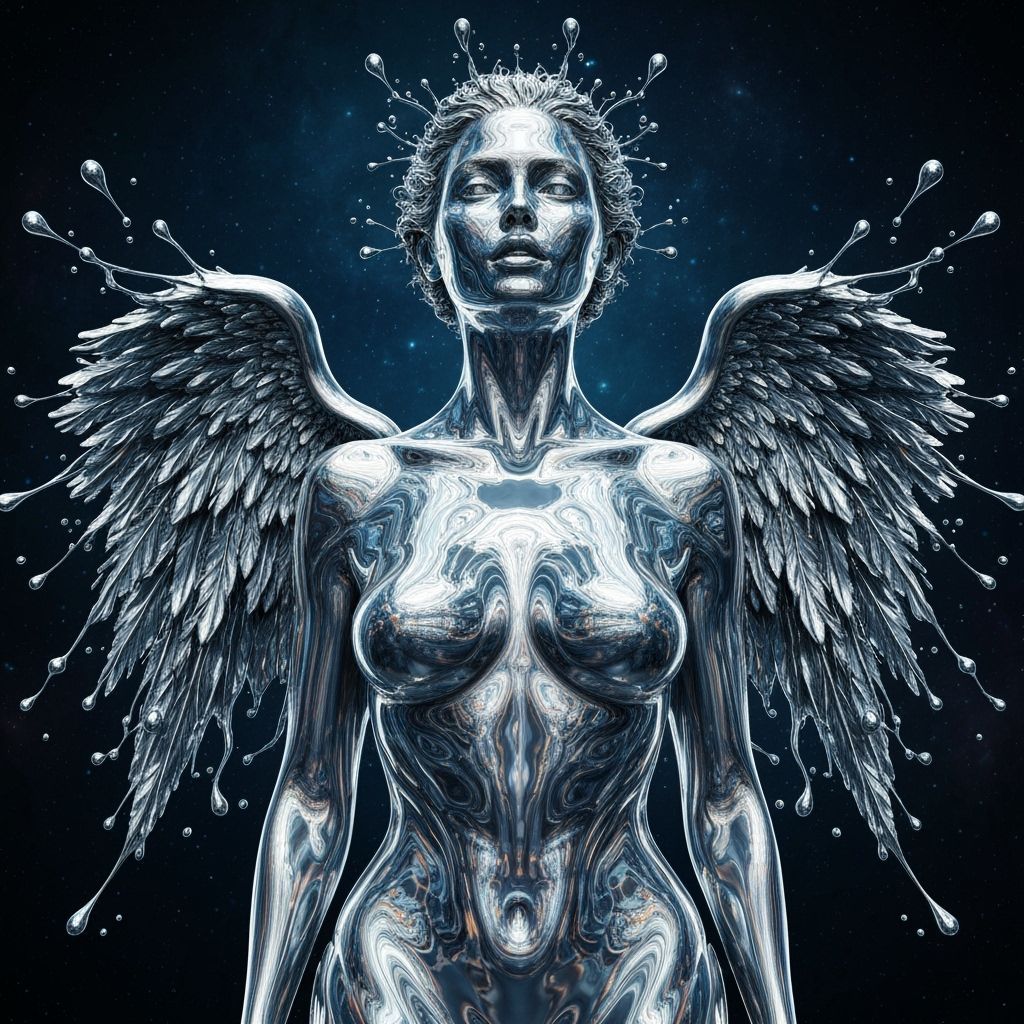 Liquid Chrome Angel in Neon Cosmic Ambiance