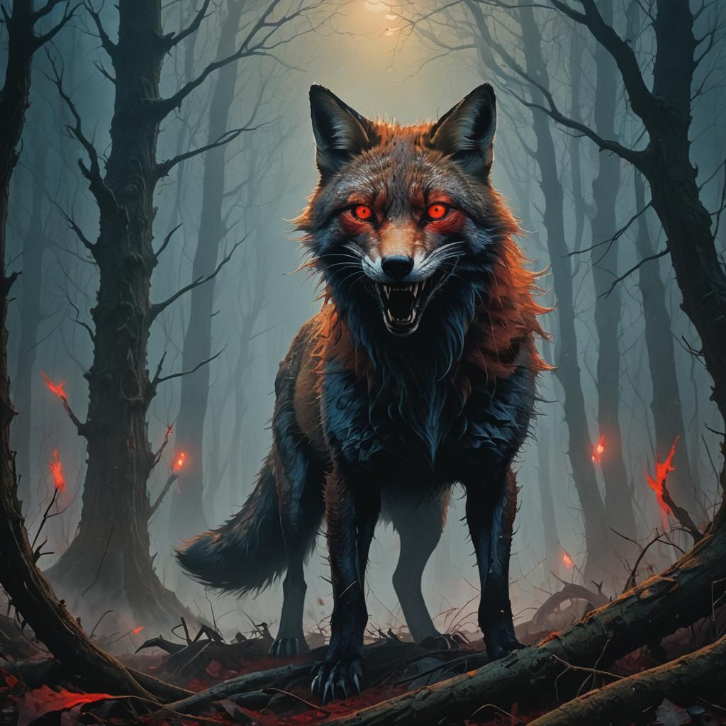 Fierce Fox Emerges from Dark Fantasy Landscape