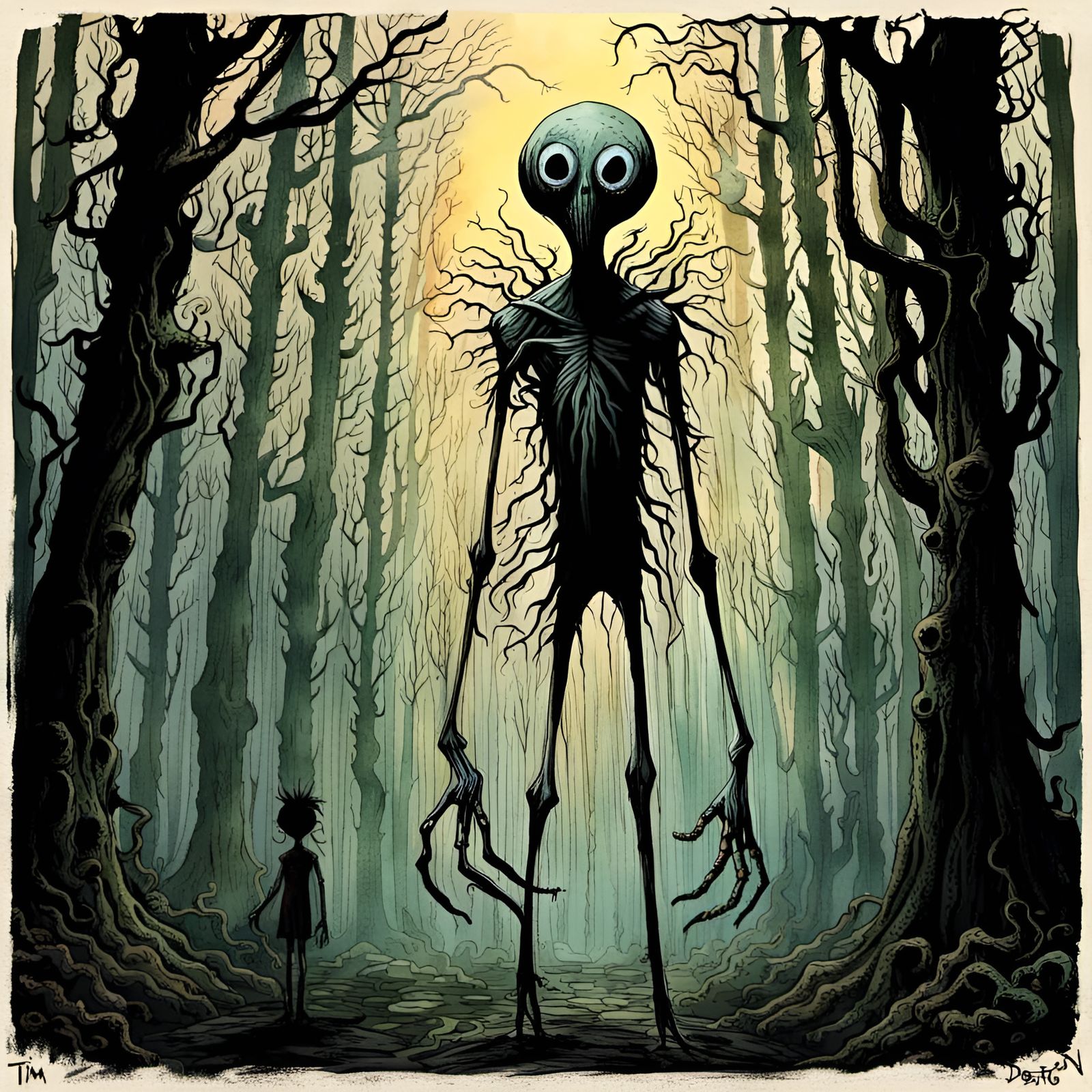Ethereal Horror Figure Emerges from Dark Forest in Comic Art...