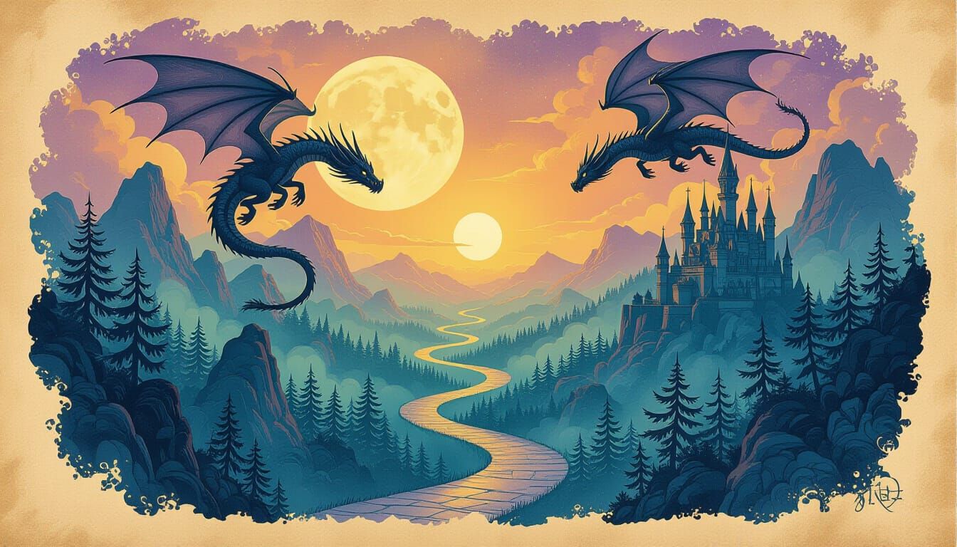 Mystical Realm of Dragons and Wizards in Pen and Ink