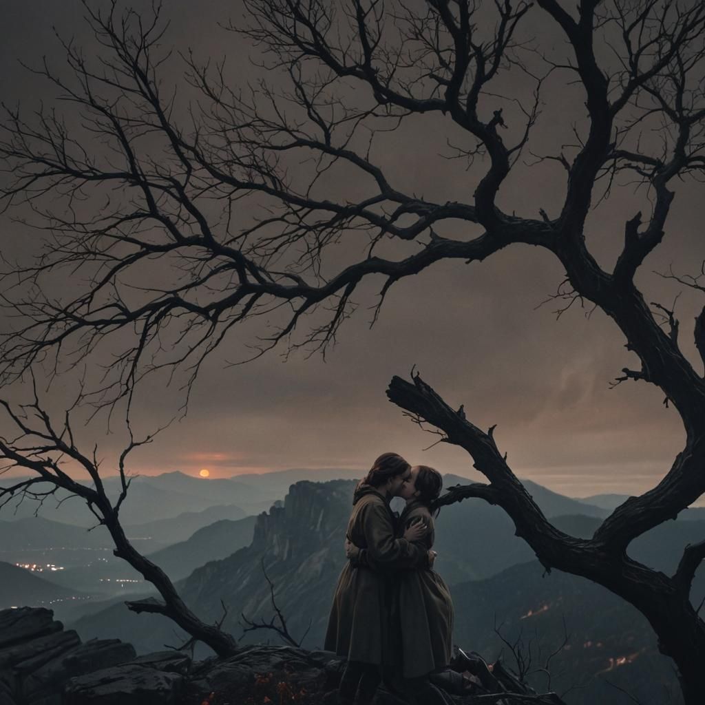 Surreal Dystopian Moment: Women Embrace Under Twilight