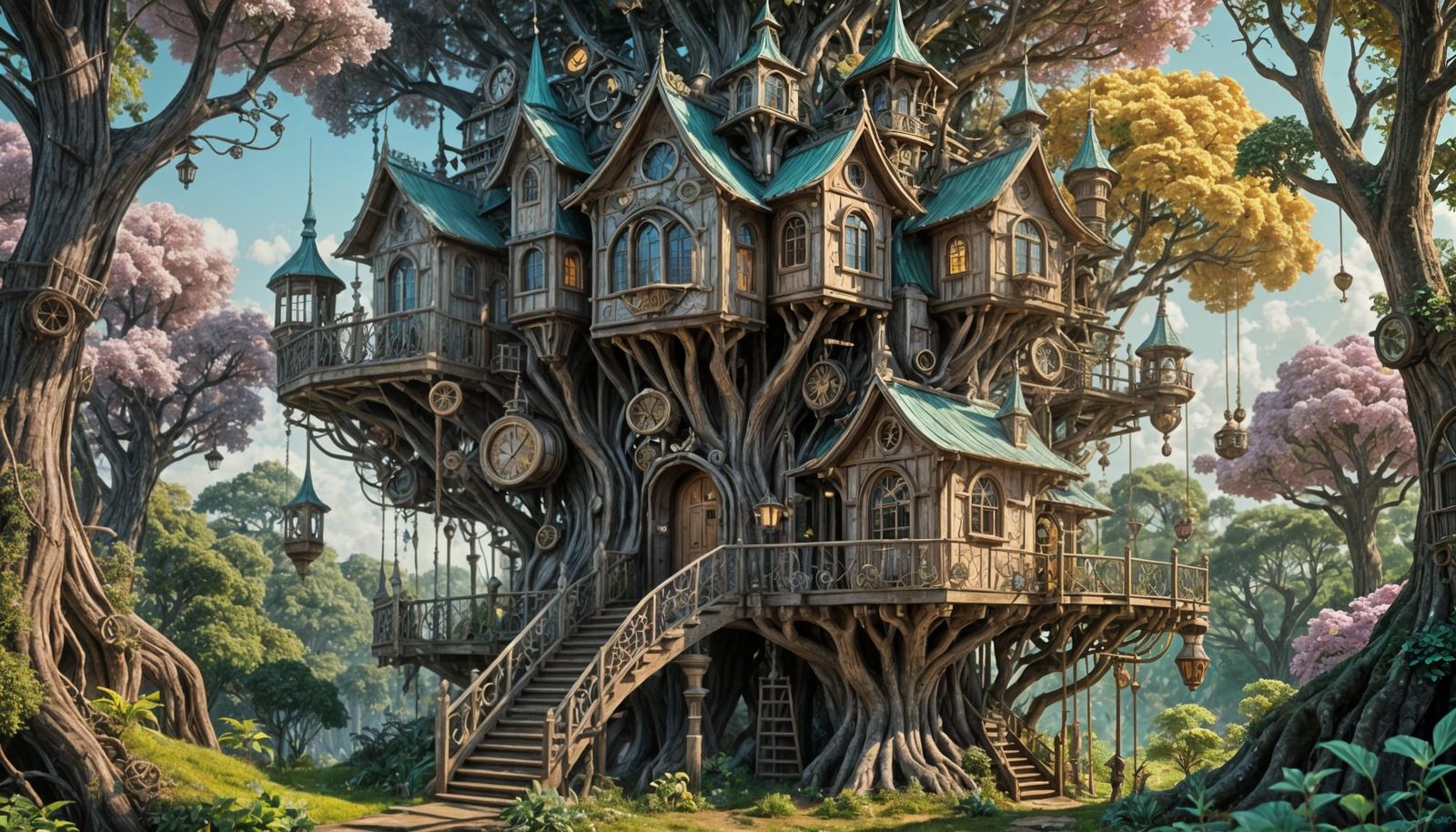 Steampunk Fairy's Whimsical Treehouse in a Vibrant Pastel Fo...