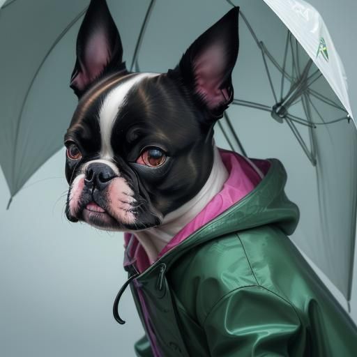 Boston Terrier in Raincoat: A Vivid, Detailed Portrait in Hy...