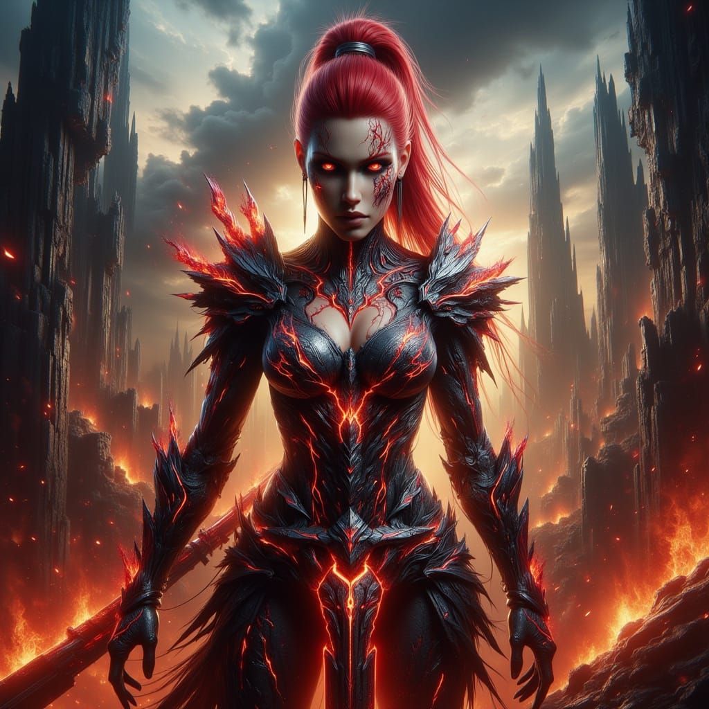 Heroic Female Warrior in Crimson Armor, Red Hair Blazing wit...