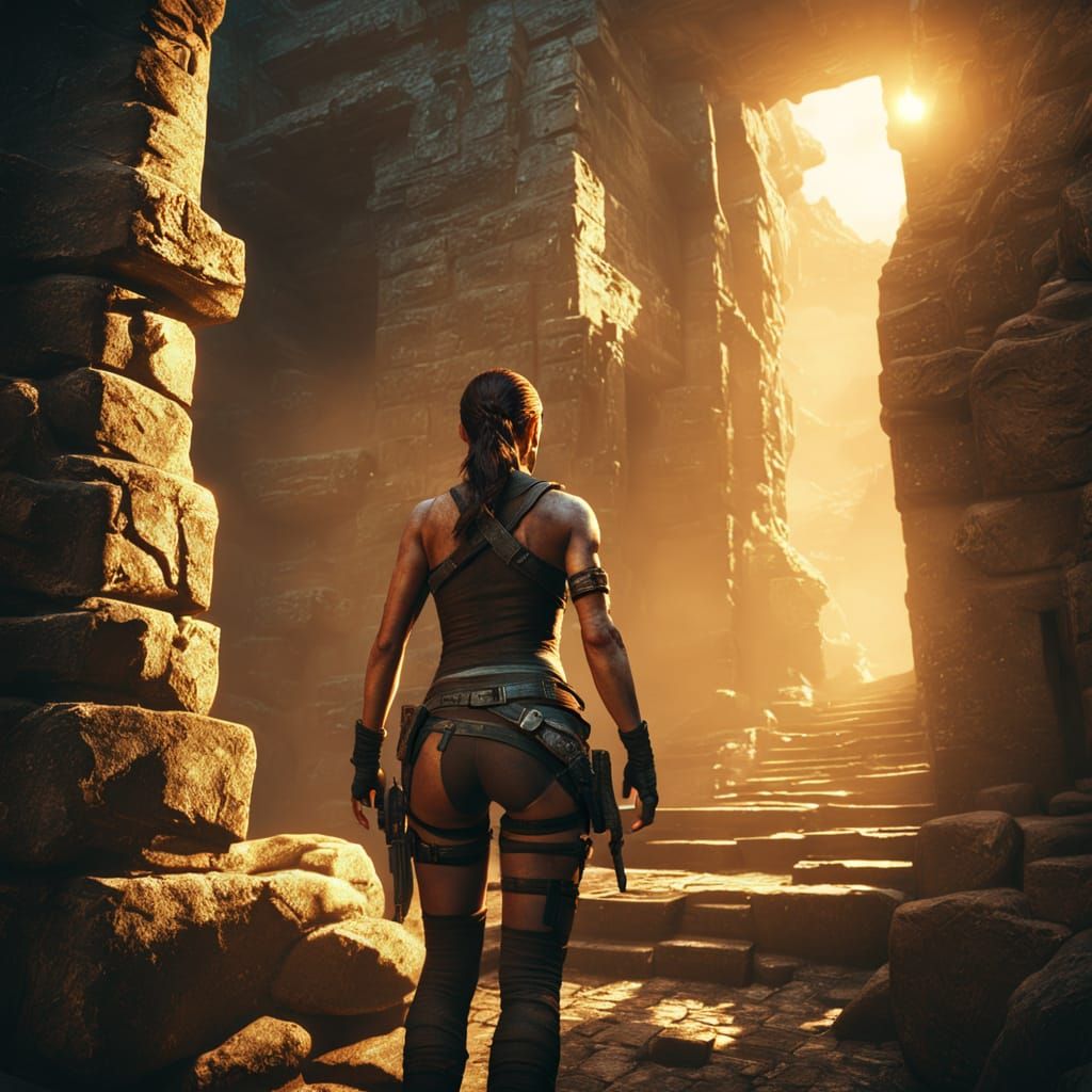 Lara Croft's Ancient Ruin Adventure: An Oil Painting