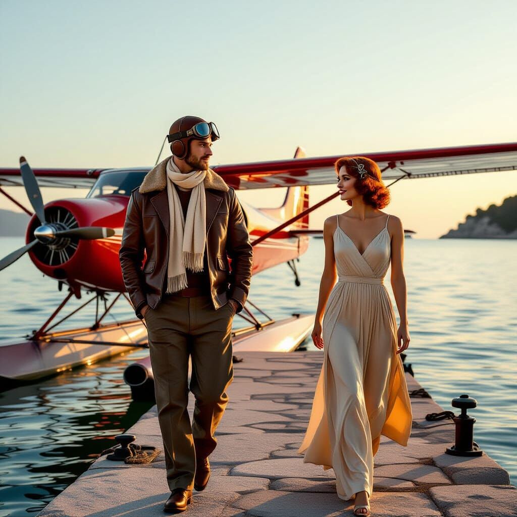 Adriatic Golden Hour: Man, Woman, and Red Seaplane