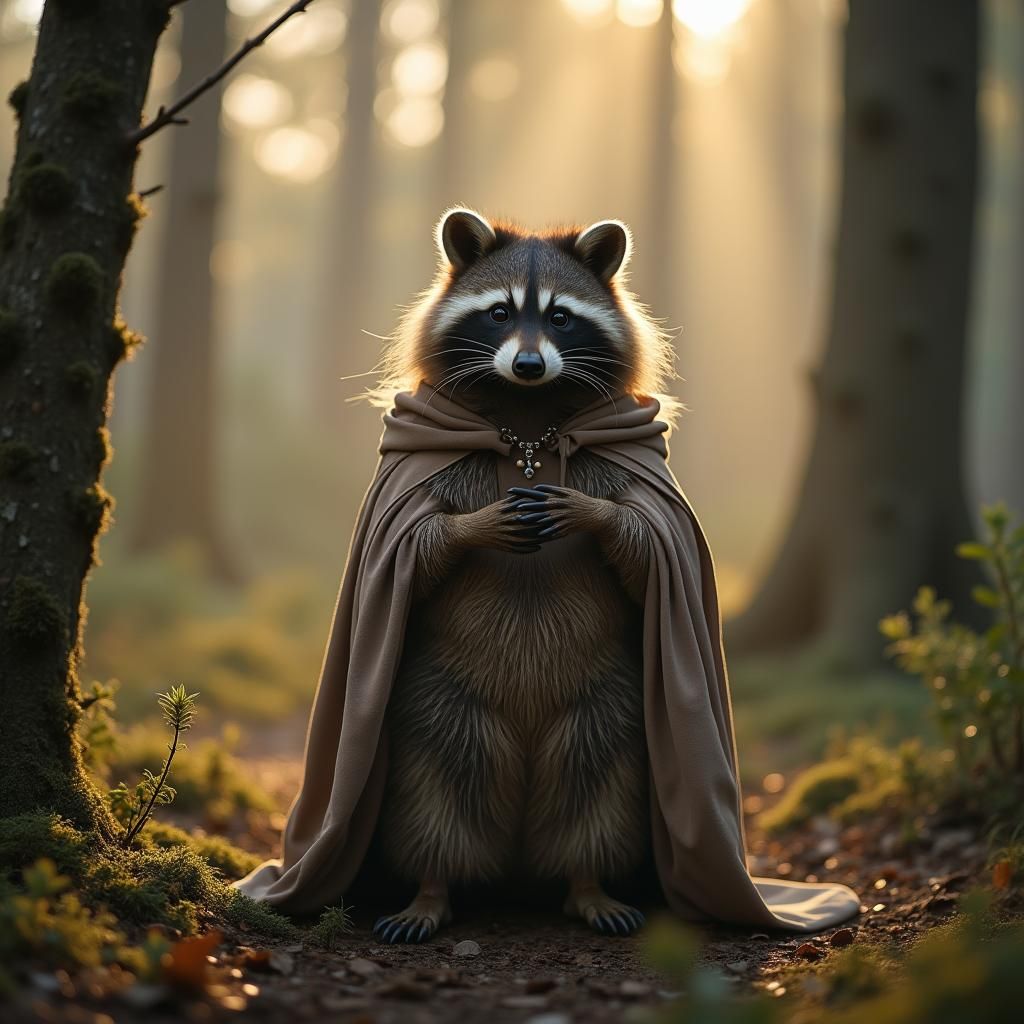Regal Raccoon Surrounded by Devoted Worshippers in a Misty F...