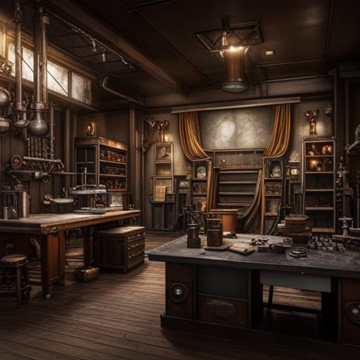 Vibrant Steampunk Workshop Scene in Detailed Matte Painting....