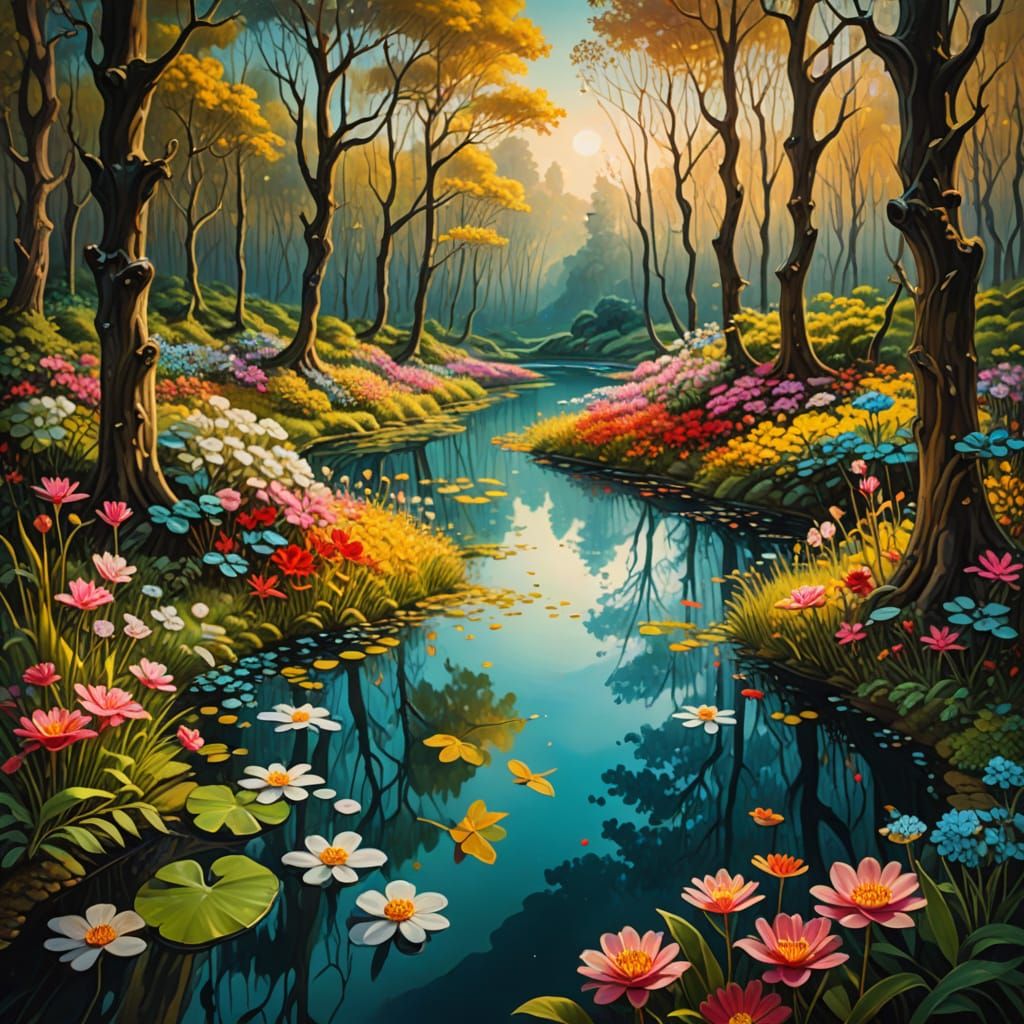 Serene Forest Trail with Crystal Pond in Dali Style