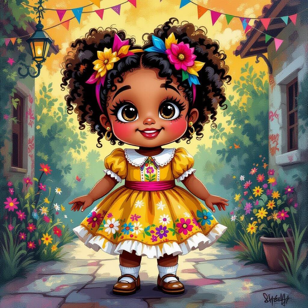 Black Girl in Day of the Dead Attire, Vibrant Street Art Sty...