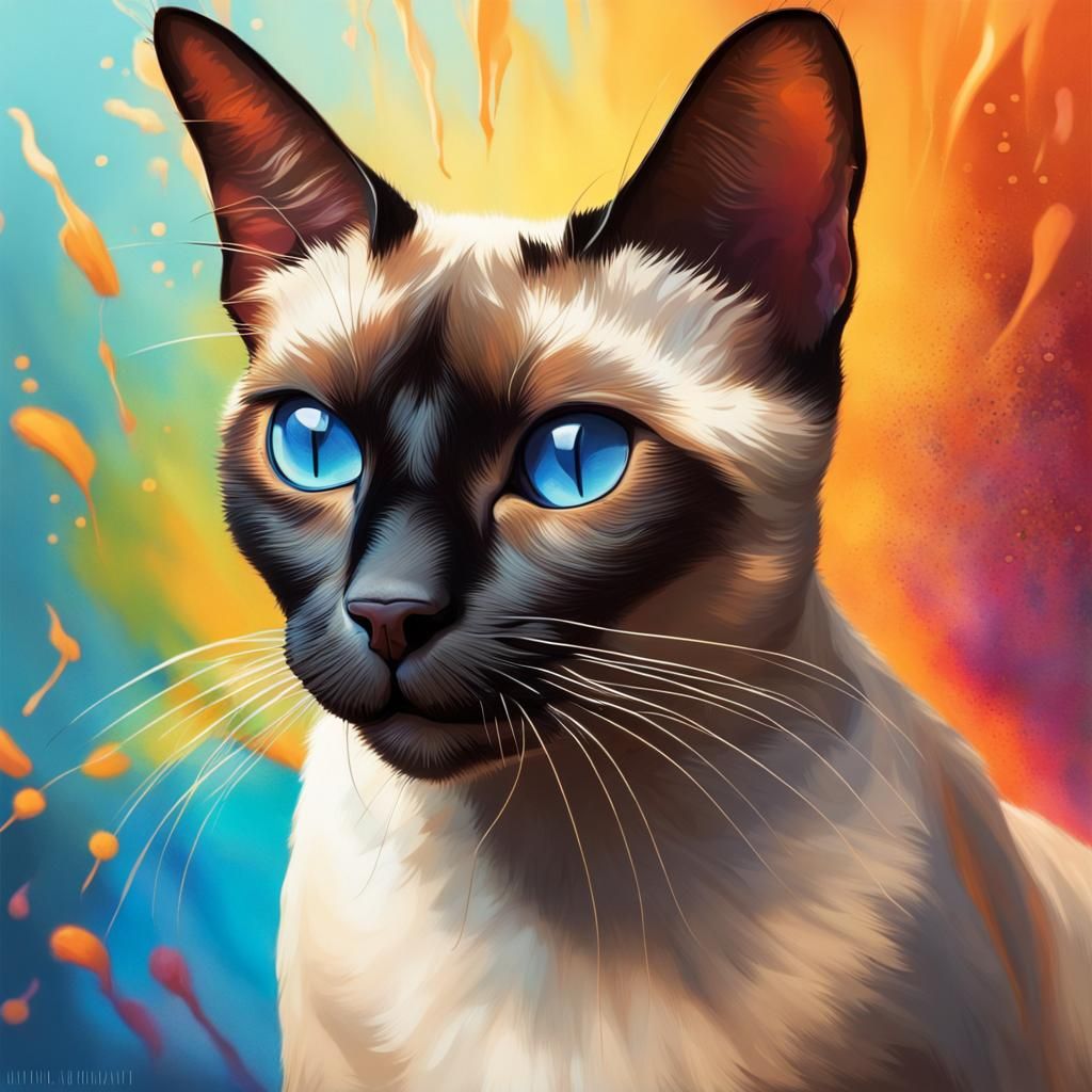 Vibrant Siamese Feline in Hyperrealistic Splash Art