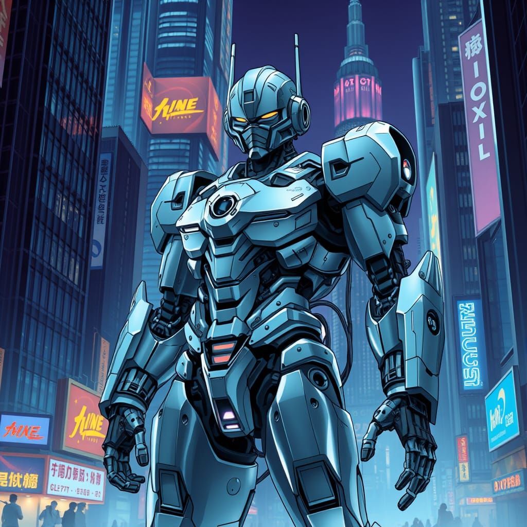 Anime-Inspired Cybernetic Mecha Warrior in Futuristic Citysc...