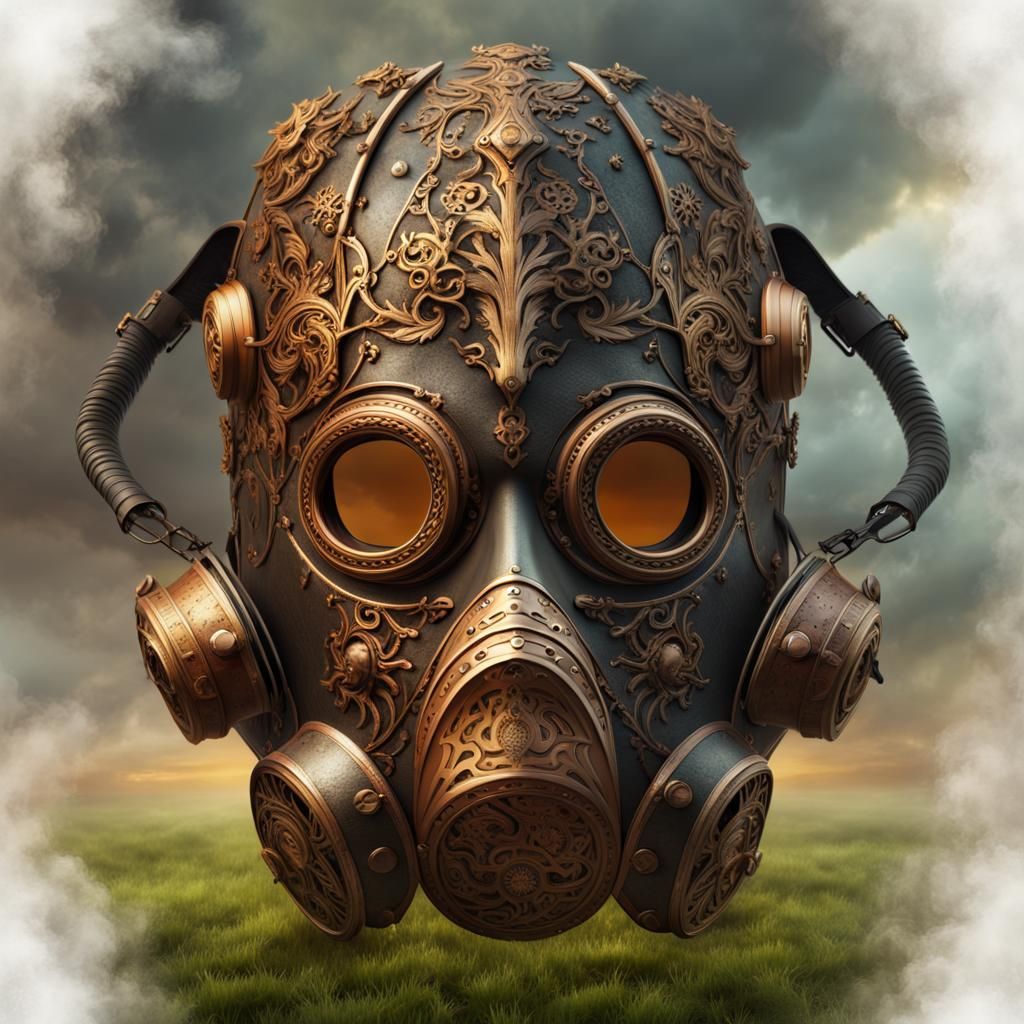 Epic Steampunk Mask Amidst Vibrant Grasslands