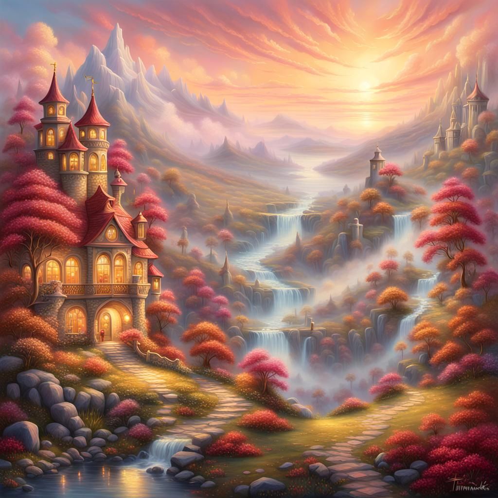 Whimsical Fantasy Landscape in Warm Golden Hour