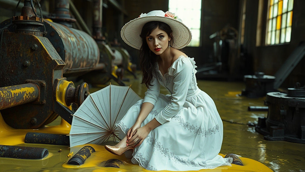 Ethereal Victorian Woman Contemplates Yellow Slime