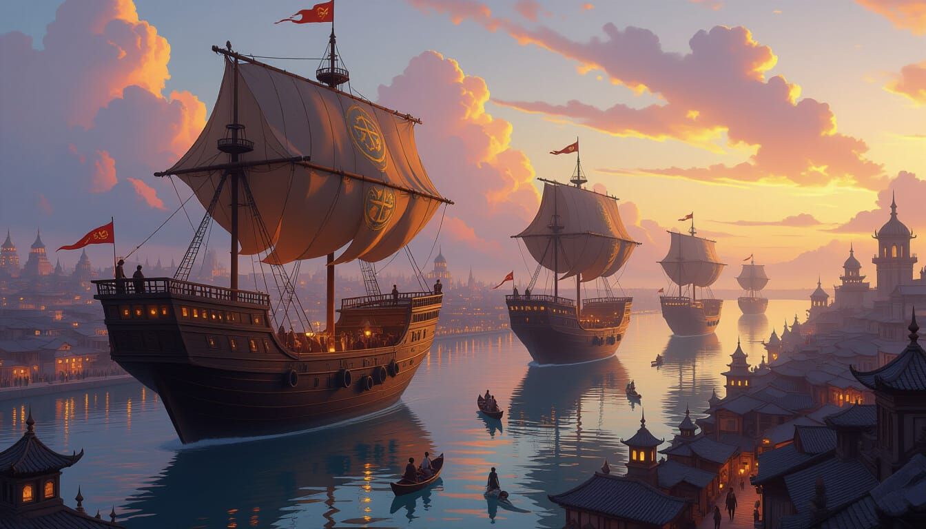 Steampunk Sky Caravans Above Ancient City