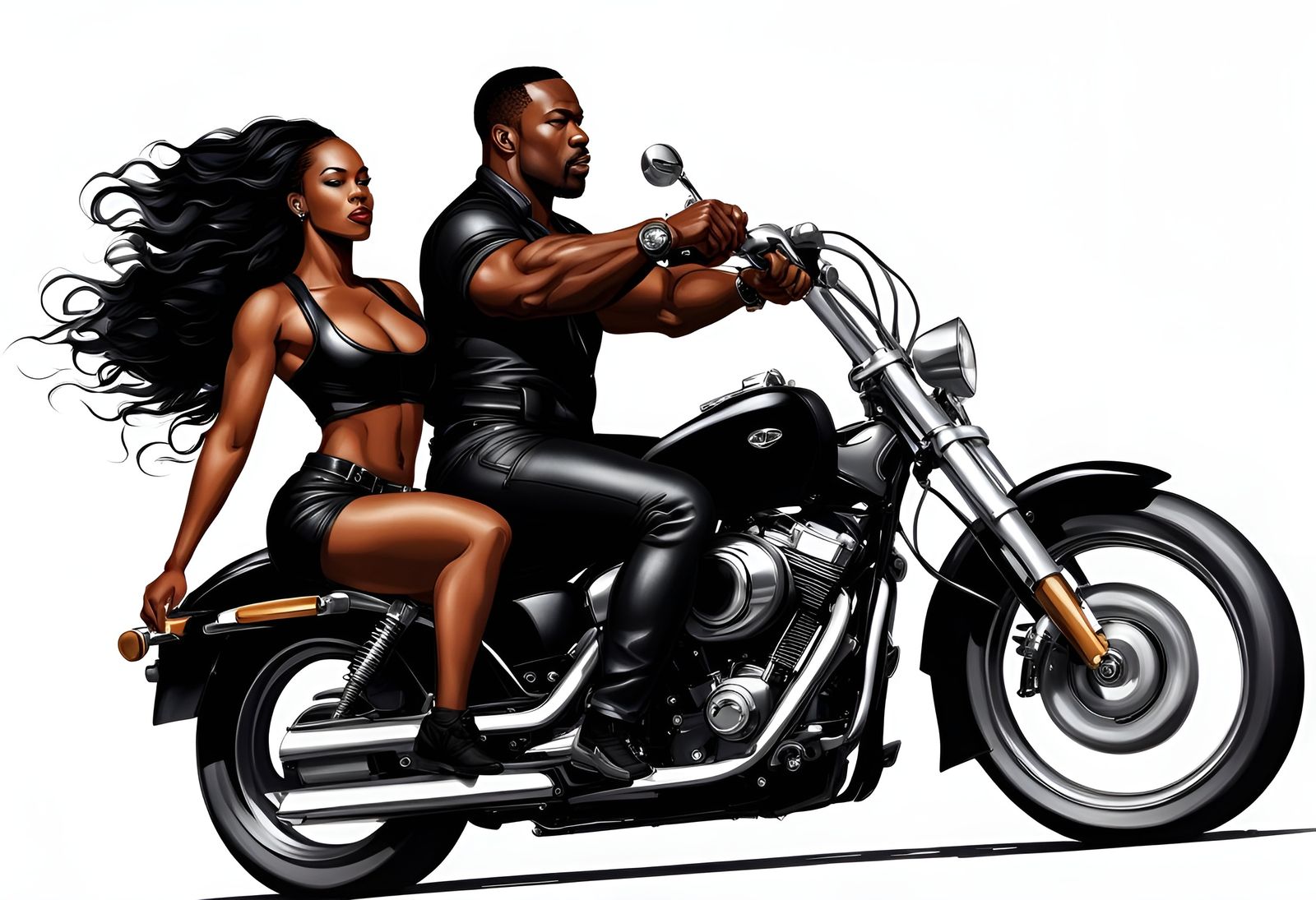Black Couple Riding Motorcycle in Leather Gear
