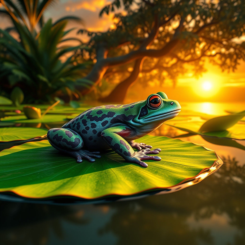 Frogs in Serene Pond Fantasy Landscape