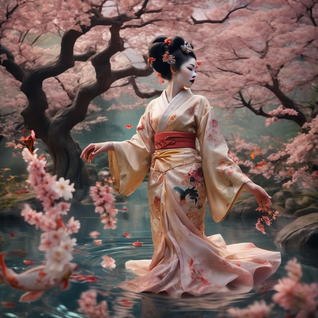 Surreal Cherry Blossom Geisha Under Flower Moon