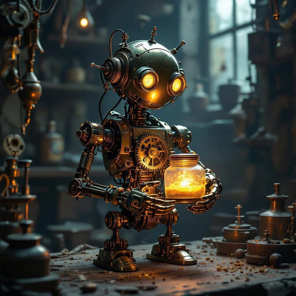 Whimsical Automaton in Dusty Workshop