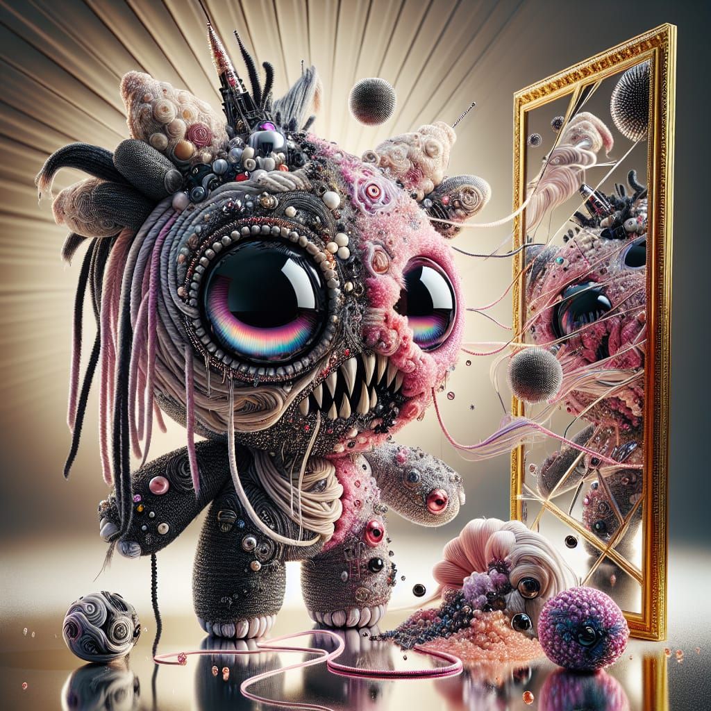 Ethereal Embroidery Monster Doll in Biomechanical Surrealism