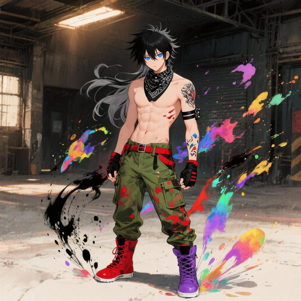 Dynamic Manga Man in Paint Splatter Combat Gear